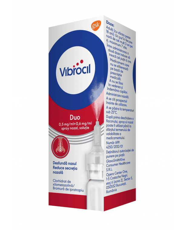 Vibrocil Duo spray nazal solutie, 0,5 mg/ml + 0,6 mg/ml, 10 ml, Gsk