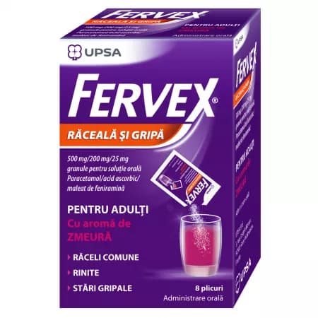 Fervex raceala si gripa pentru adulti cu aroma de zmeura, 8 plicuri, Magna