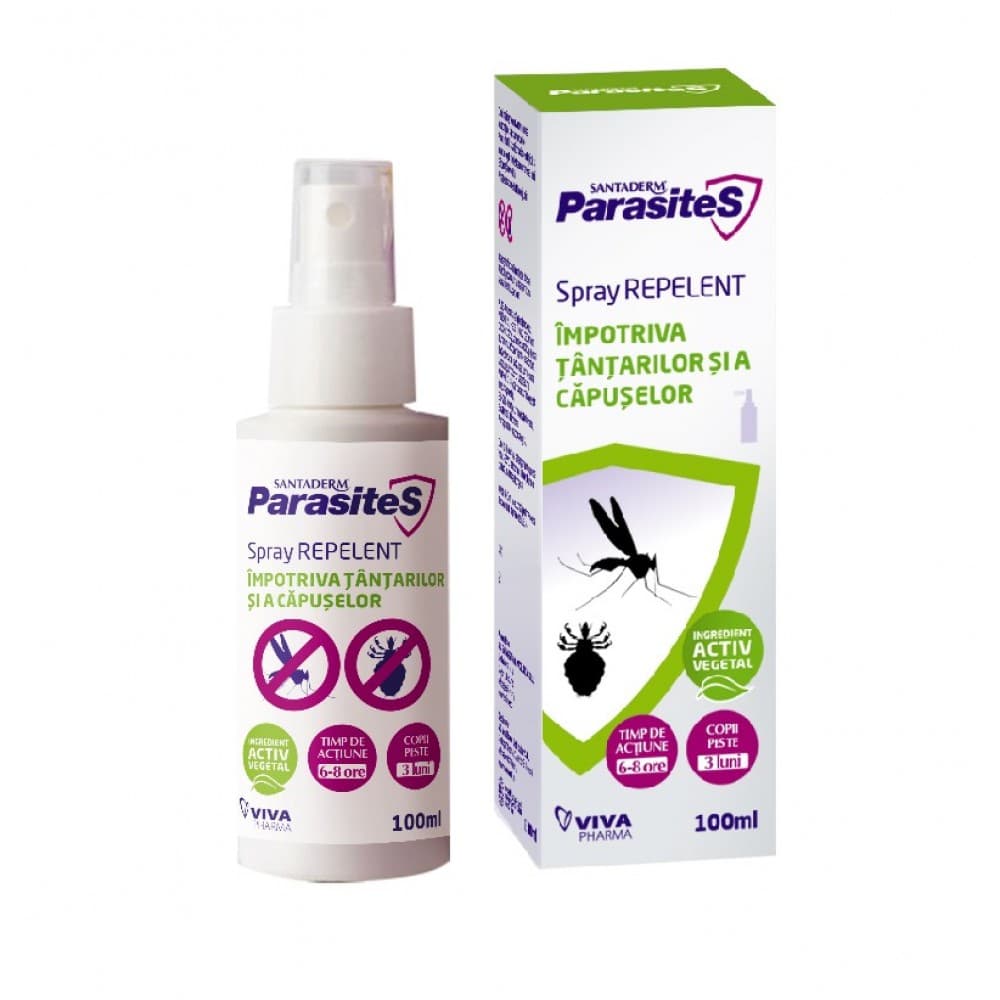 Spray repelent impotriva tantarilor si a capuselor Parasites Santaderm, 100 ml, Viva Pharma incepand cu varsta de 3 luni